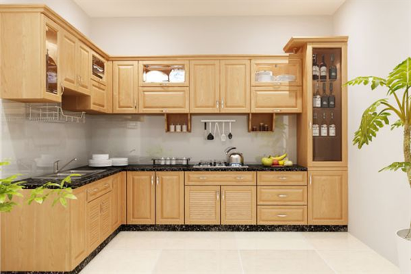 Thiết kế chữ L của tủ bếp gỗ tự nhiên mang đến sự tiện nghi và tối ưu hóa không gian trong căn bếp của bạn. Gỗ tự nhiên kết hợp với thiết kế đơn giản tạo nên vẻ đẹp sang trọng và độc đáo cho không gian bếp của bạn. Nhiều khoang lưu trữ và ngăn kéo tiện ích giúp bạn tổ chức đồ dùng bếp một cách khoa học và thuận tiện.